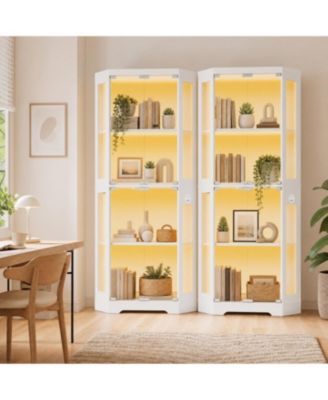 Set of 2 Hexagonal Corner Glass Display Cabinet 4-Tier - Curio with 3-Color LED Lights and Smart Sensor, Charging Ports - Elegant Home Storage