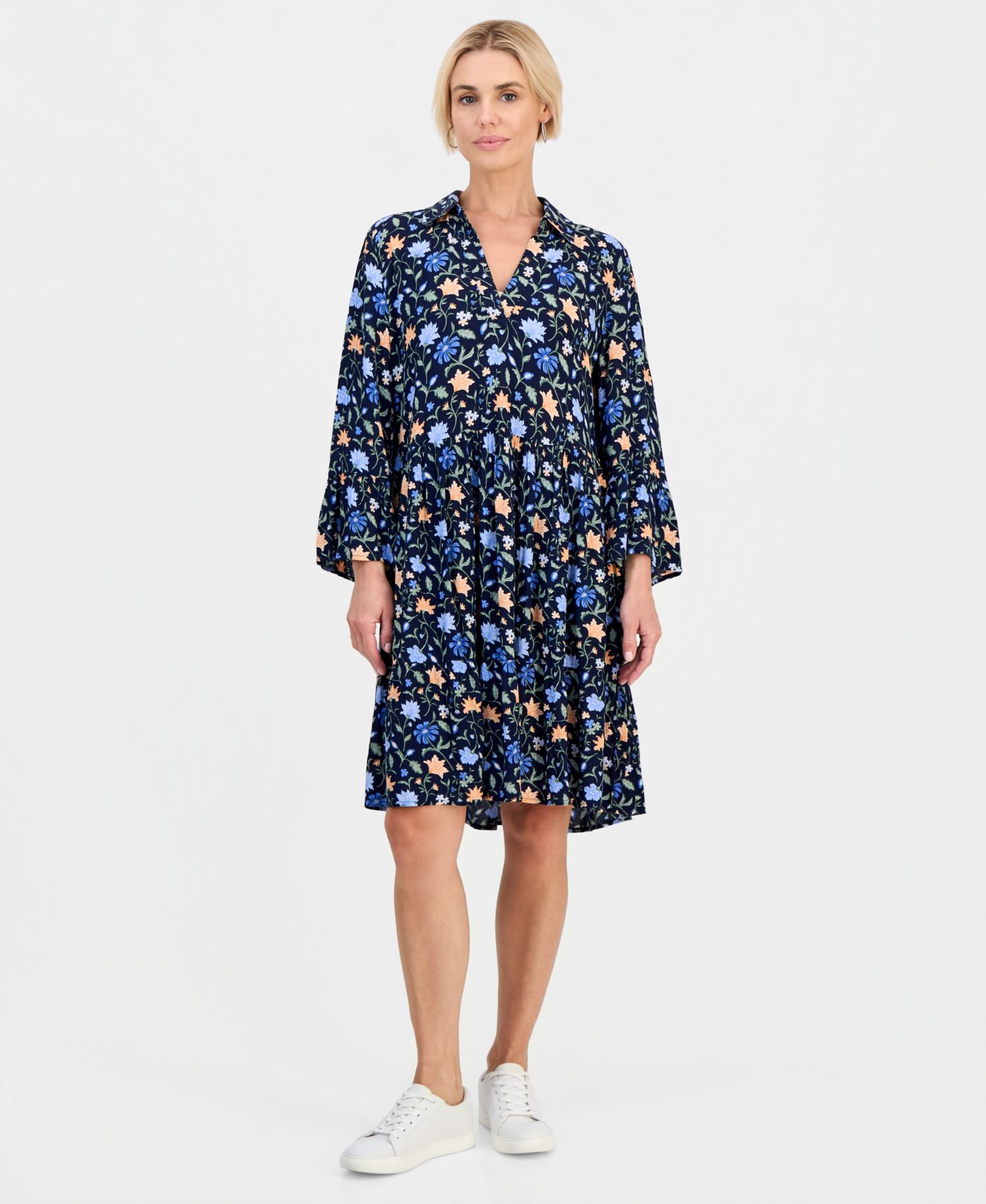 Petite Printed 3/4-Sleeve Tiered Shift Dress