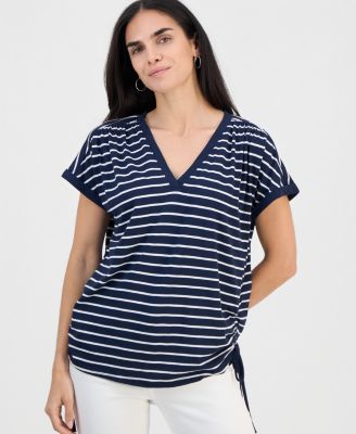 Petite Striped Ruched-Side V-Neck Top