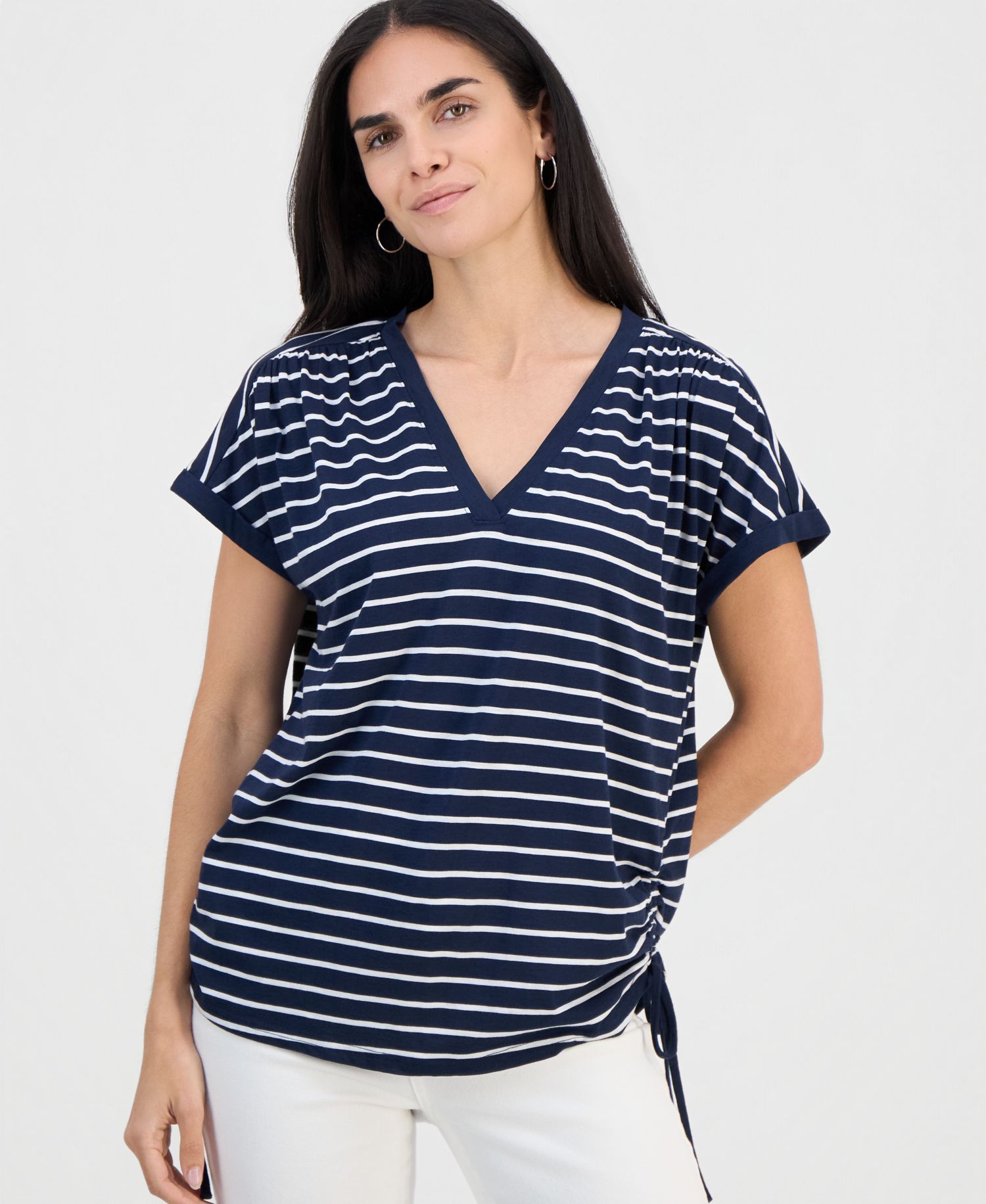 Petite Striped Ruched-Side V-Neck Top