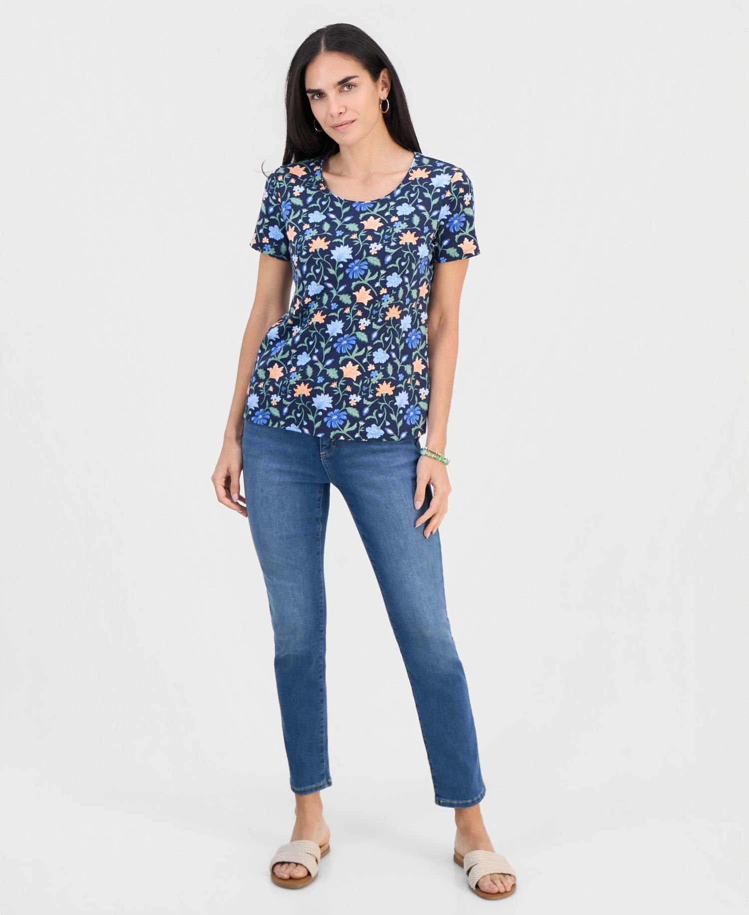 Petite Soft Flora Scoop-Neck Short-Sleeve Top
