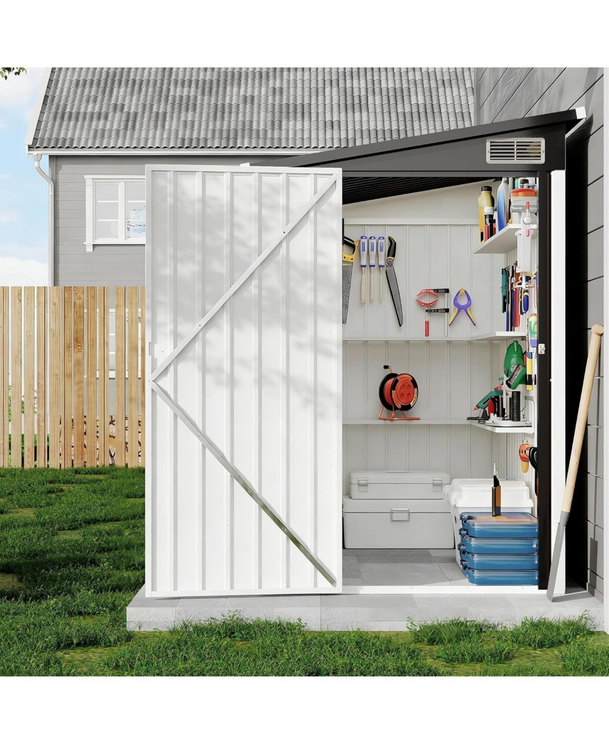 gaomon Lean-To Outdoor Storage Shed, Heavy Duty Galvanized Steel Metal Shed with Lockable Double Doors Air Vents and Sloped Roof, Space-Saving