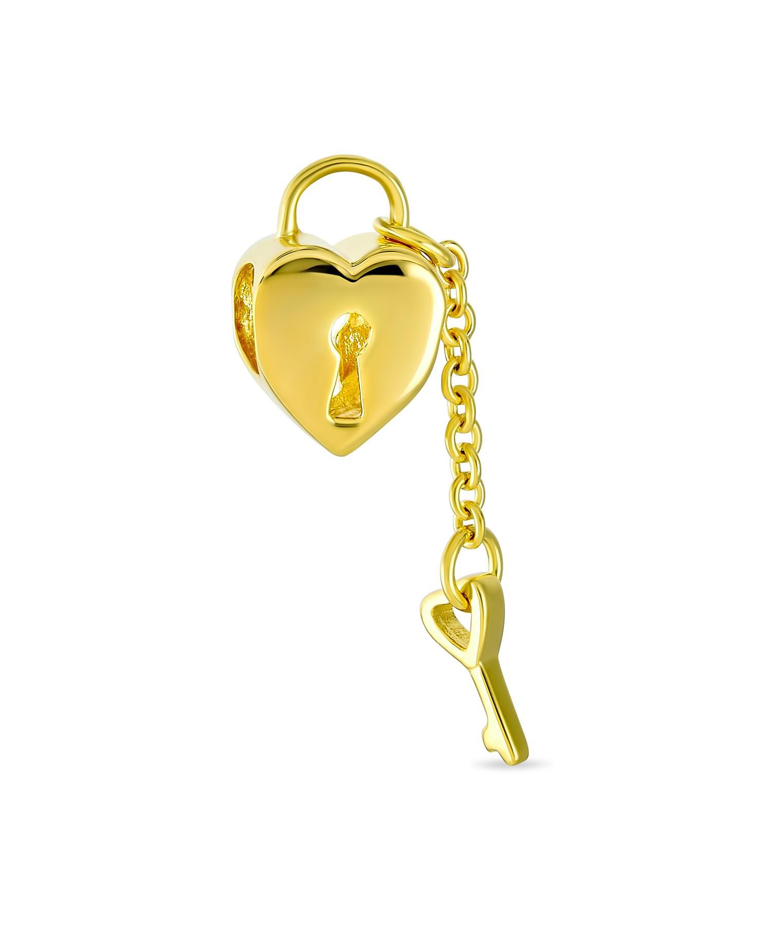 .925 Sterling Silver Heart Shape Lock and Key Charm Bead Two Tone Gold Plated for Bracelet