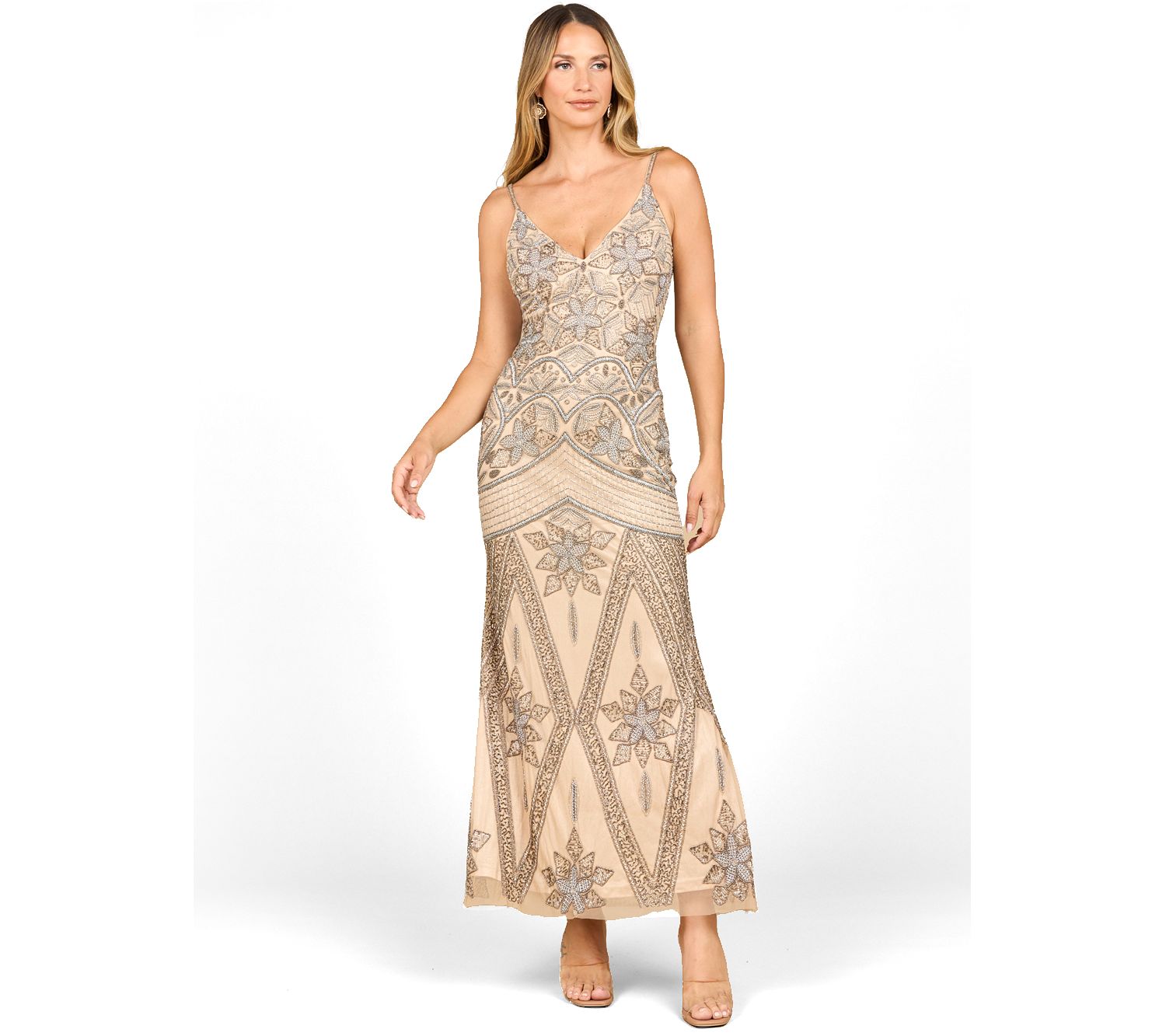 Women's Contrast Beaded V-Neck Fitted Gown
