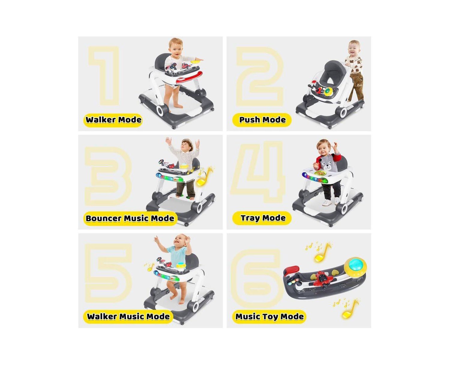5-in-1 Baby Activity Walker with Music and Lights, Adjustable Height and Safety Bumper