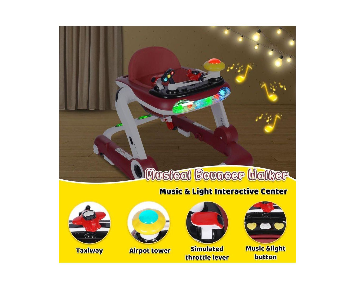 5-in-1 Baby Activity Walker with Music and Lights, Adjustable Height and Safety Bumper