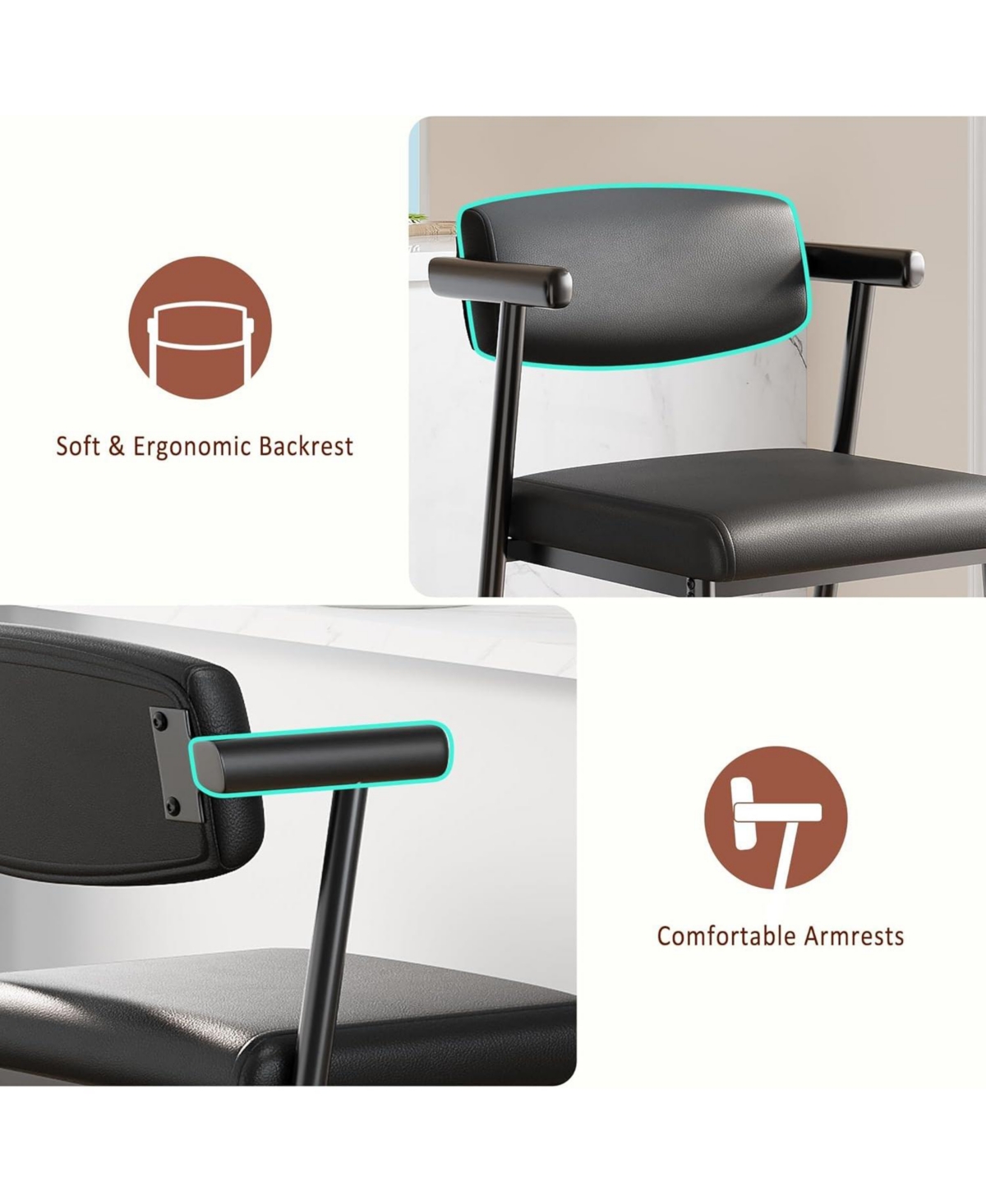 gaomon Set of 4 Bar Stools with Arms and Back 26 Inch Counter Height, Faux Leather, Metal Footrest
