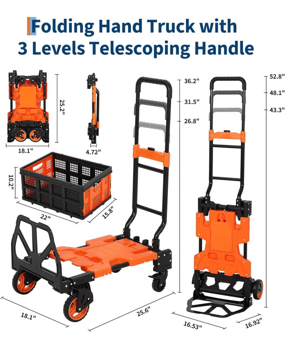 gaomon Folding Hand Truck with 330 Lb Capacity - 2-in-1 Dolly and Flatbed Cart Retractable Handle Rubber Wheels and Foldable Basket