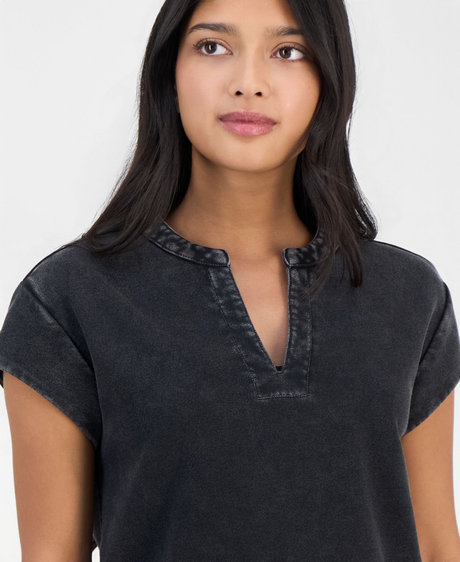 Petite French Terry Split-Neck Cap-Sleeve Top