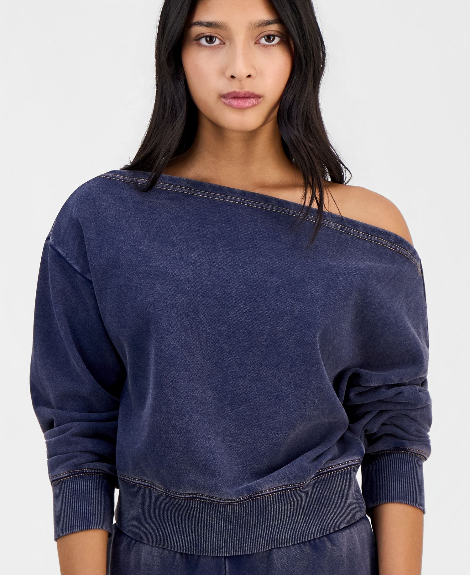 Petite Faux-Denim French Terry Off-The-Shoulder Top