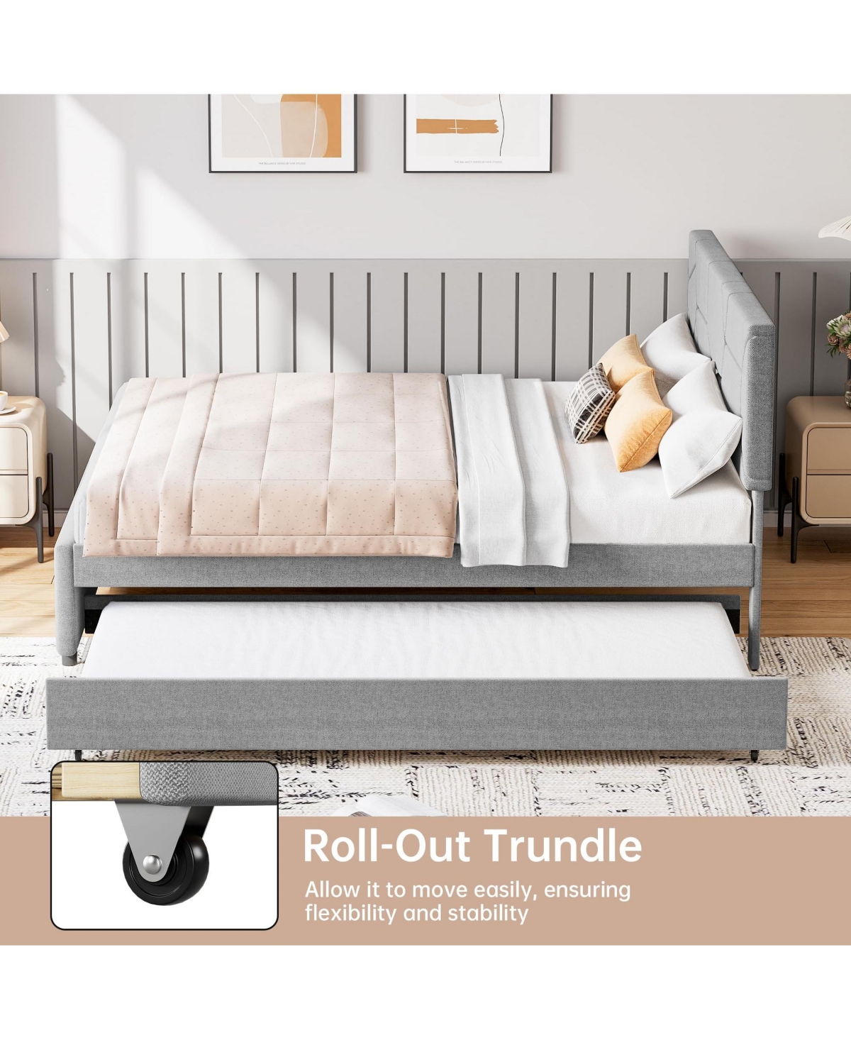 homfan Bed Frame with Trundle, Upholstered Platform Frame, Pull Out Headboard, Wood Slat Support, for Bedroom