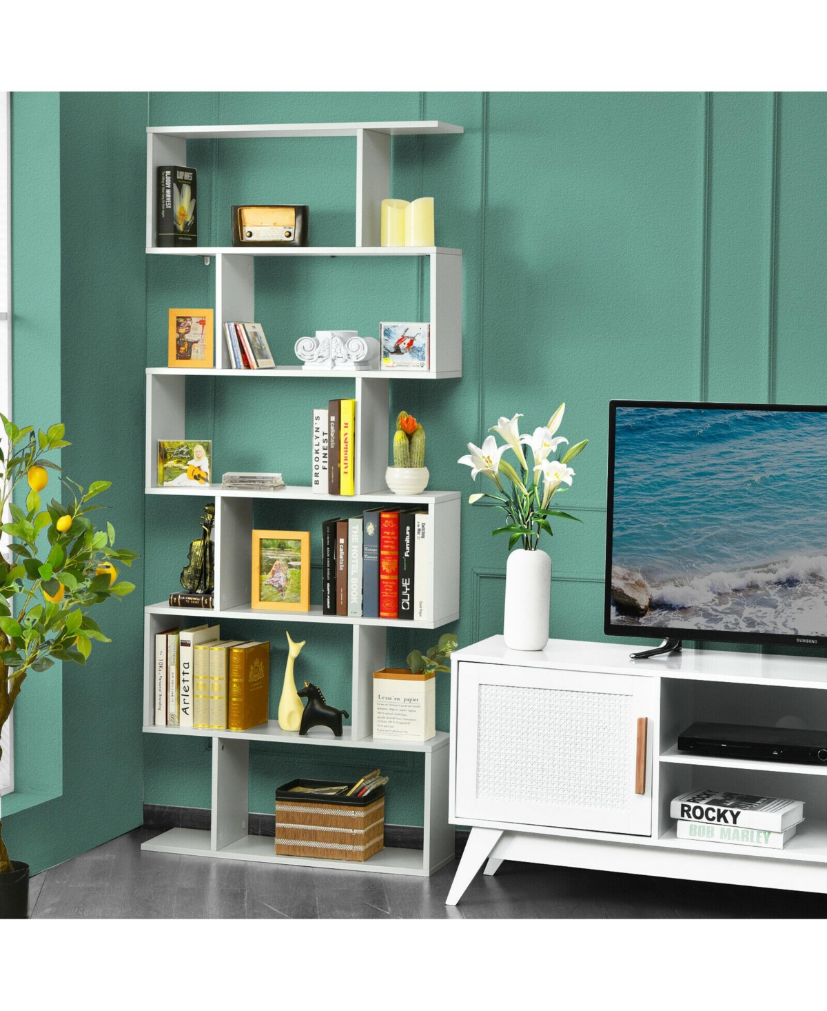 Gymax 6 Tier S-Shaped Bookshelf Storage Display Bookcase Decor Z-Shelf Coffee