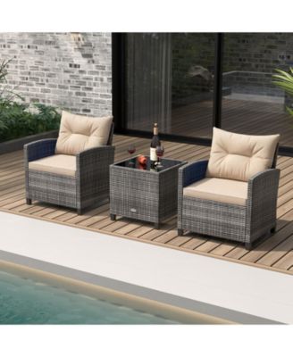 3 PCS Patio Furniture Set Outdoor PE Rattan Chair and Table Set w/ Tempered Glass