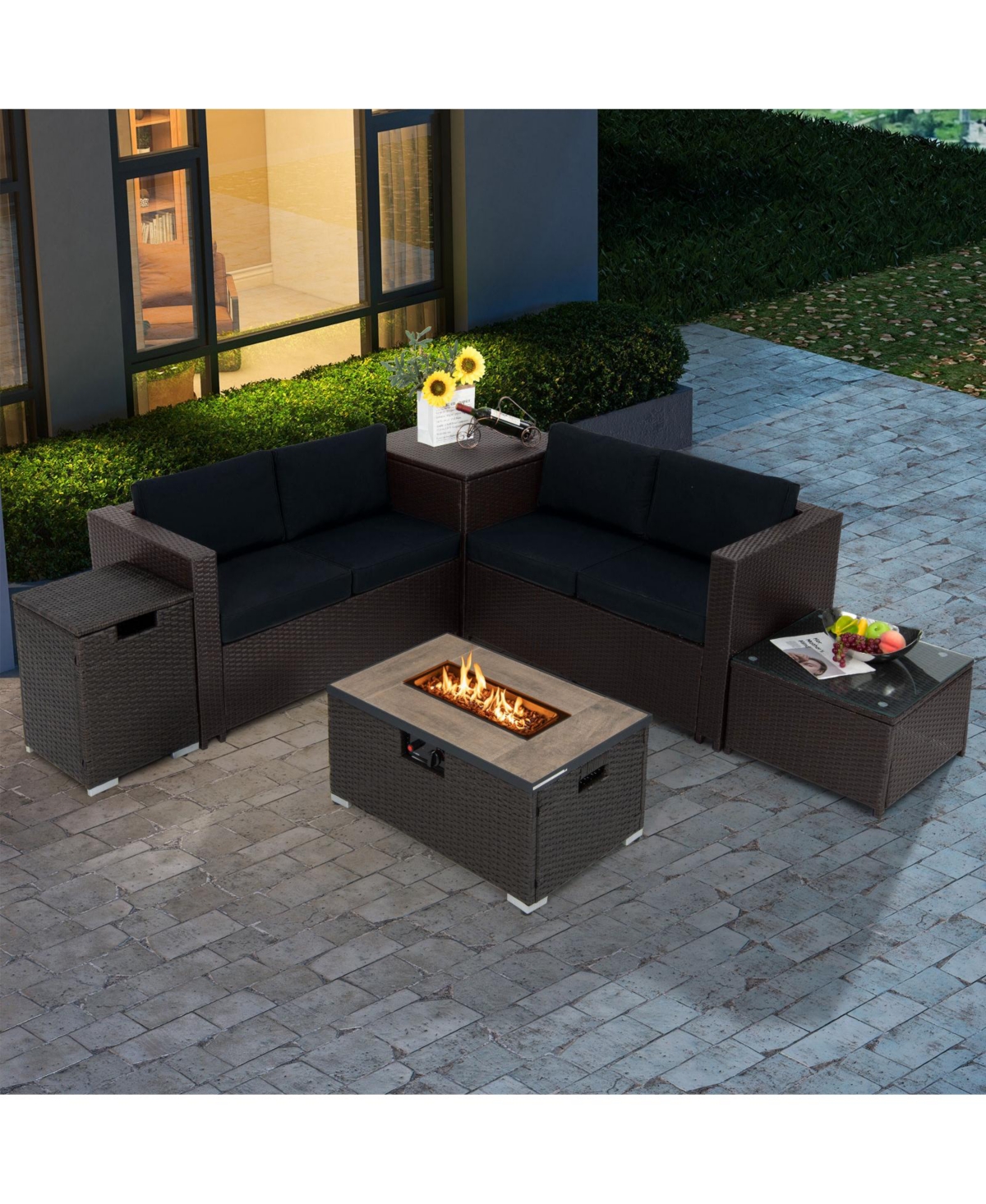 Gymax 6PCS Outdoor Wicker Furniture Set w/32'' Propane Fire Pit Table and Tank Holder