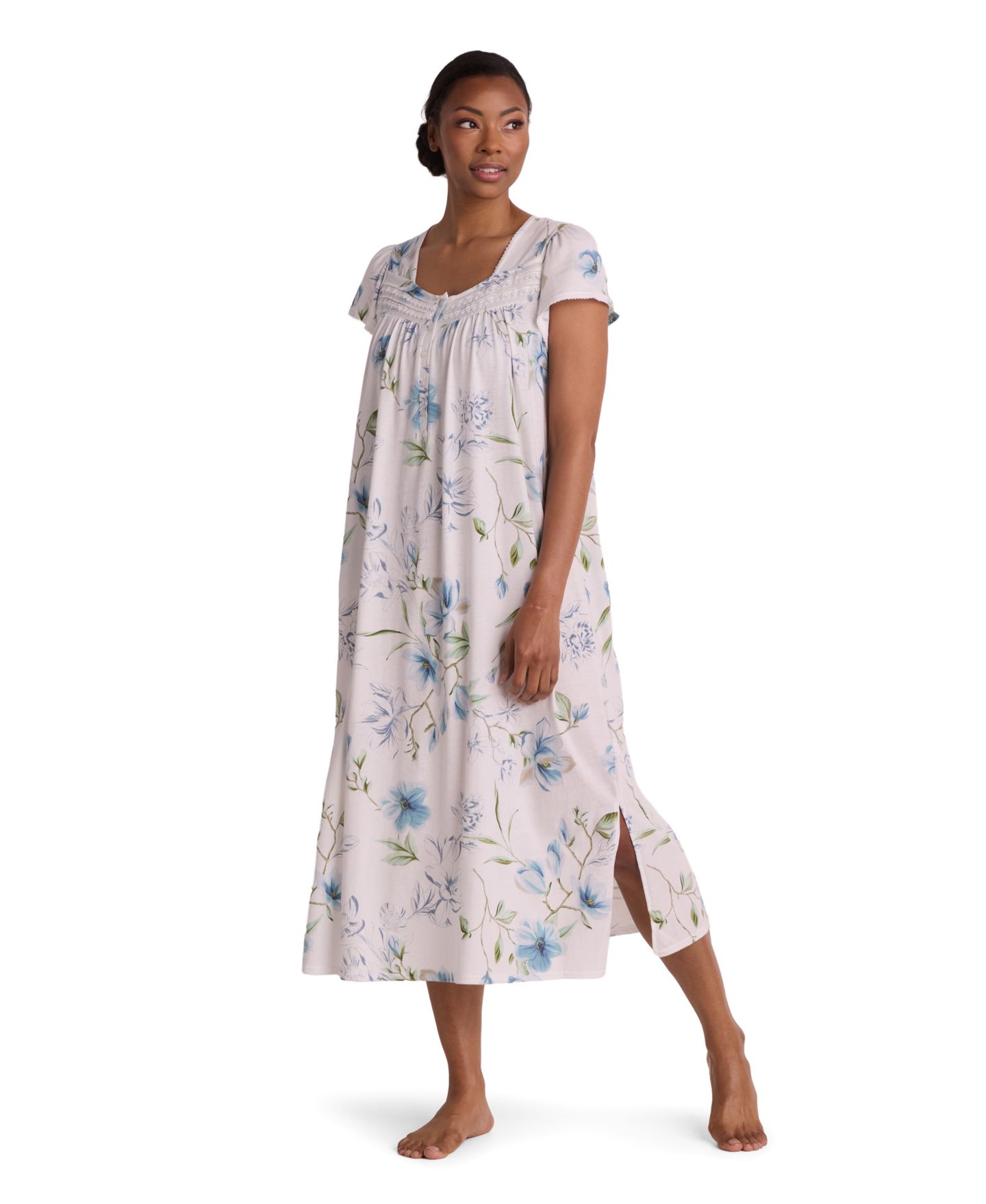 Женское платье Miss Elaine Short-Sleeve Square Neck Long Gown, цвет: Аквамариновый с принтом — фото 1