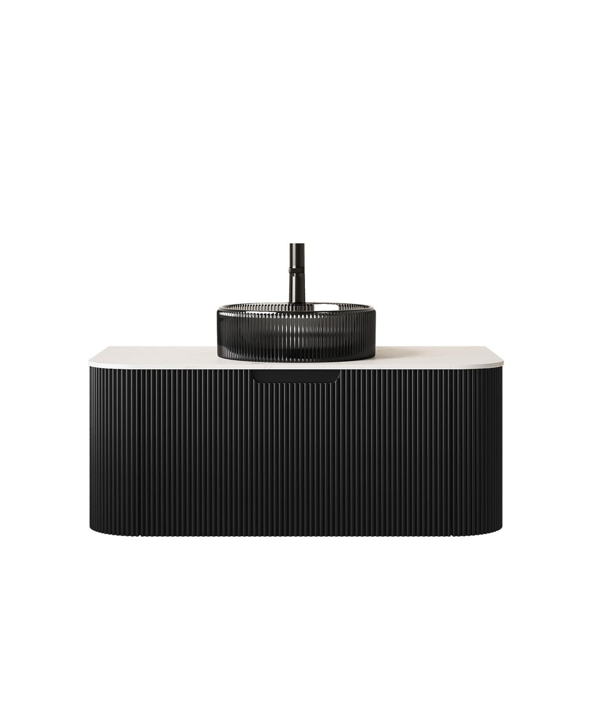 Sillysis Wall Mounted Bathroom Vanity with Glass Vessel Sink, 3D Stripe Plywood Cabinet, Soft Close Drawer
