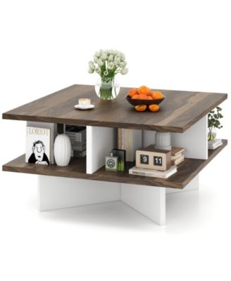 2-Tier Square Coffee Table with Storage Farmhouse Modern Accent Table Center Table