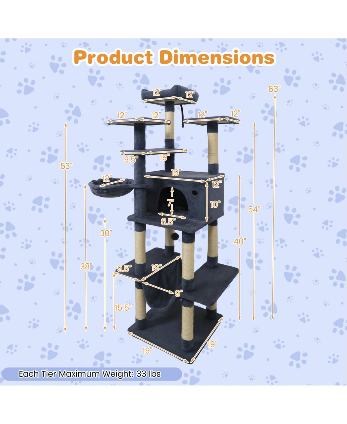 Gymax 63'' Large Cat Tree for Indoor Cats With Plush Top Perch Condo Hammock Basket Bed