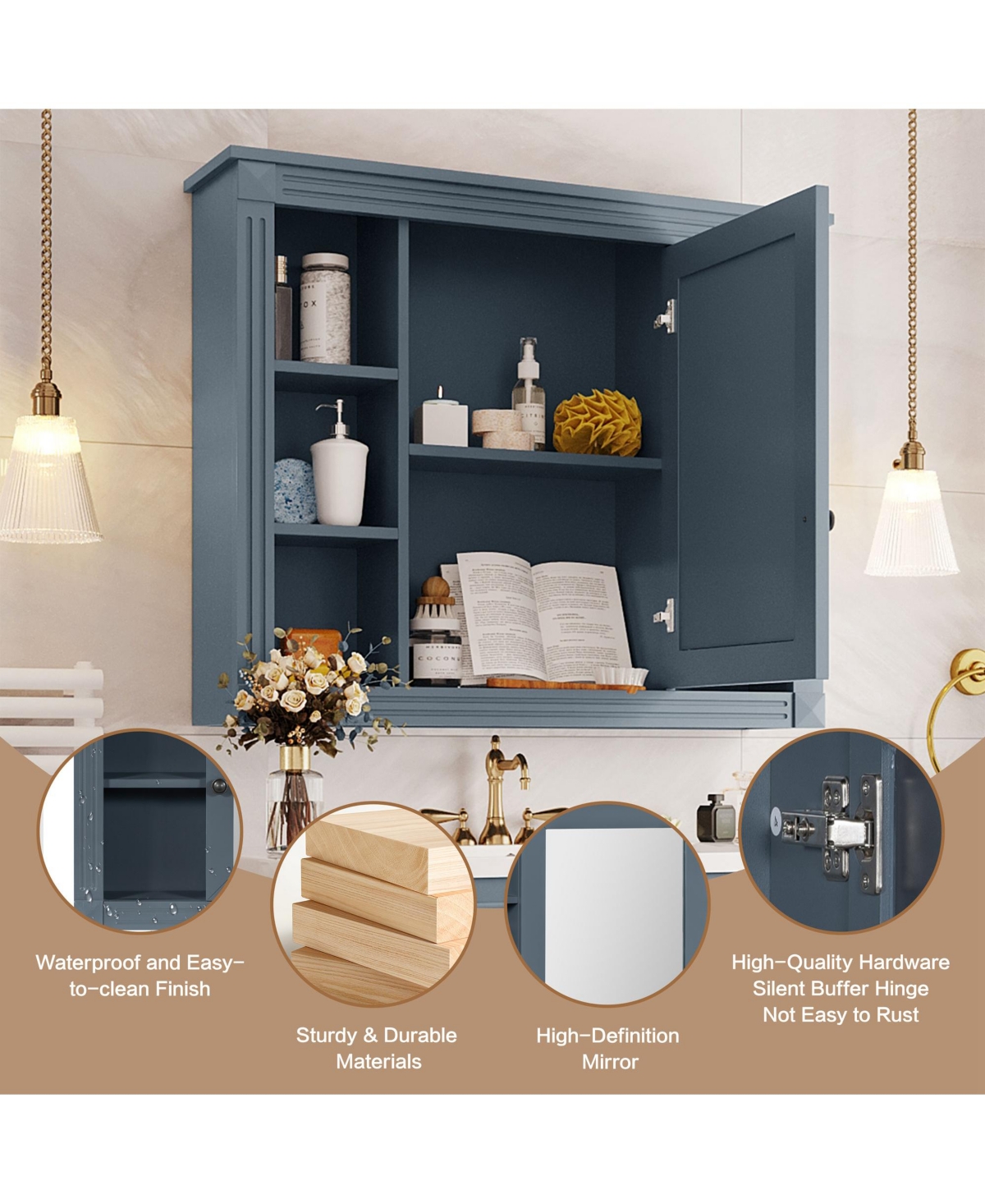 Phying Modern Wall Mounted Bathroom Storage Cabinet Mirror Medicine Cabinet with Mirror Door and 6 Open Shelves Space Saving Bathroom Wall Organizer