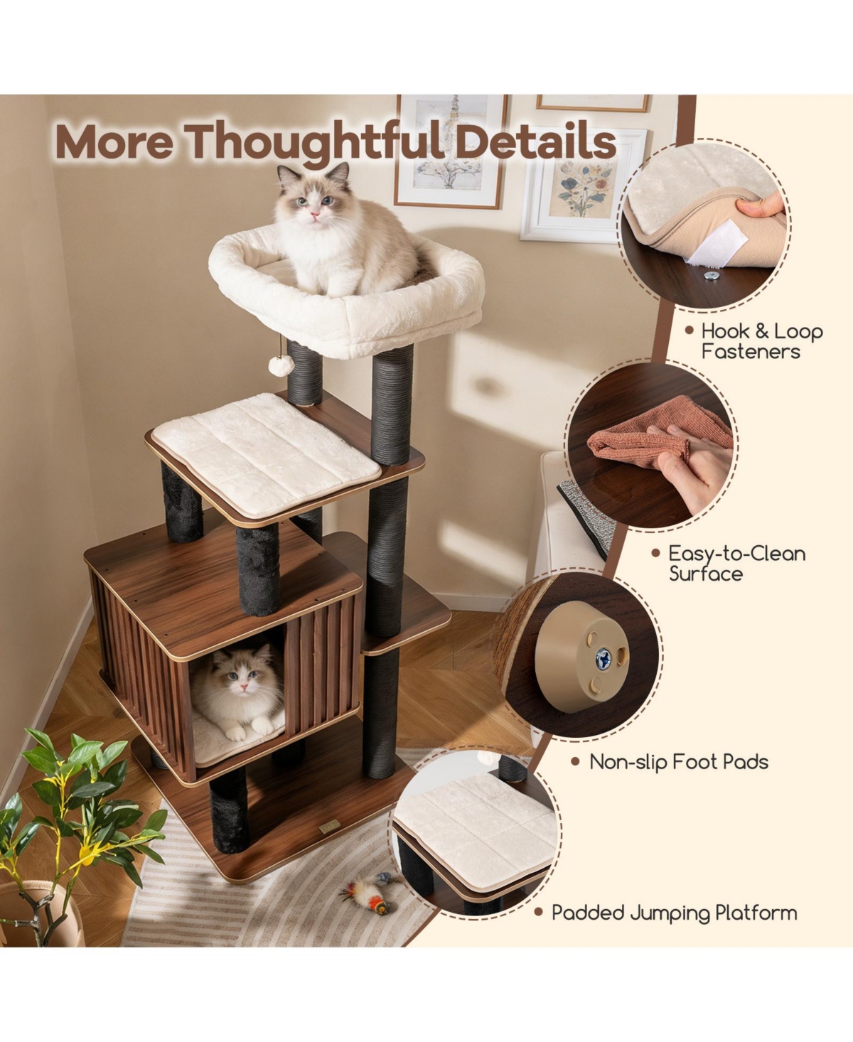 Gymax 53 5'' Tall Cat Tree for Indoor Cat Wooden Cat Tower Top Perch with Soft Padding