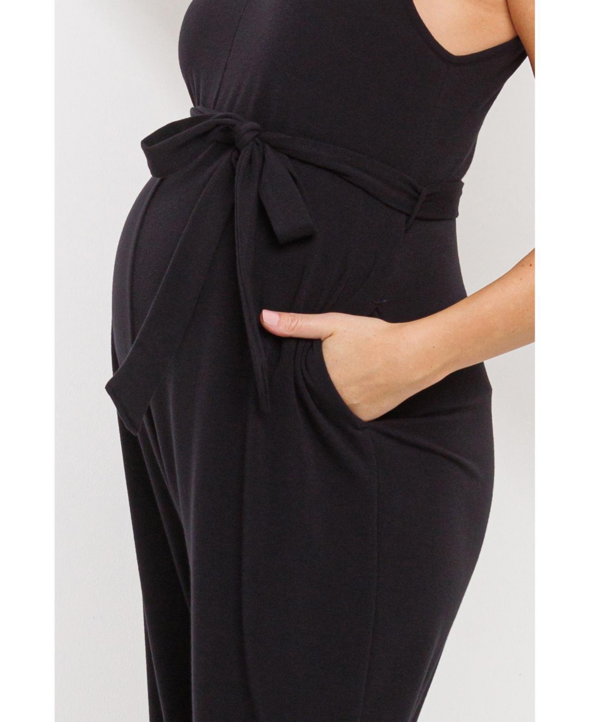 Hello Miz Maternity Sleeveless with Tie Waist and Adjustable Straps Jogger Jumpsuit