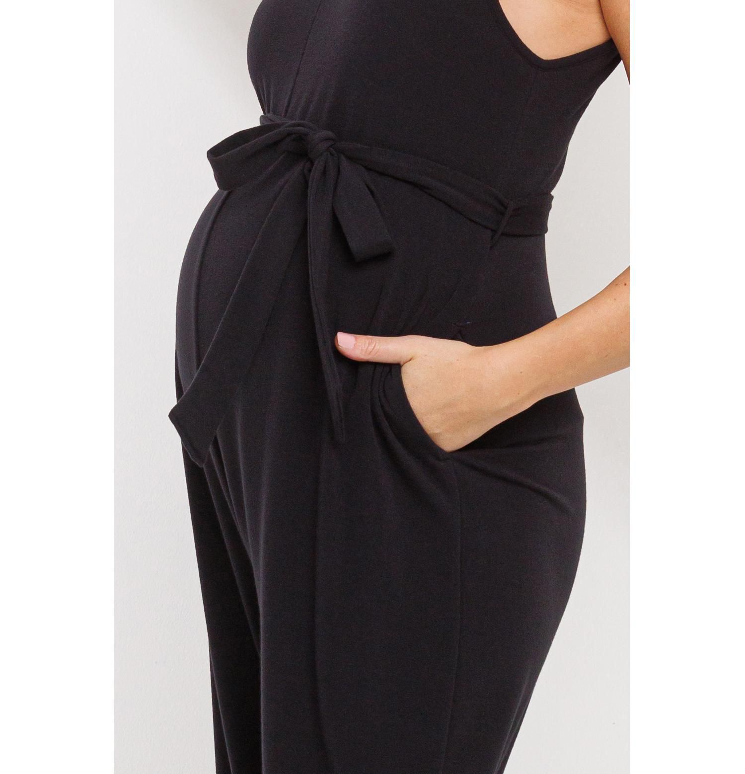 Maternity Sleeveless with Tie Waist and Adjustable Straps Jogger Jumpsuit