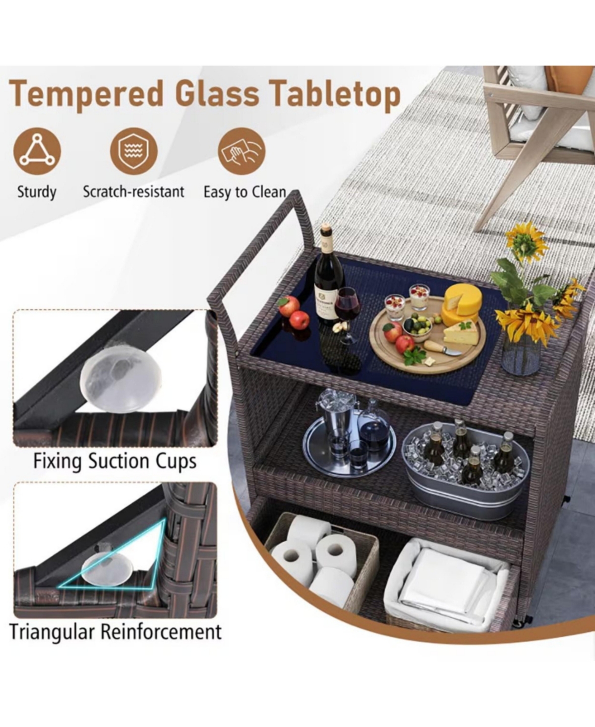 Yiortwo Outdoor Wicker Bar Cart with Tempered Glass Top Rolling Patio Serving Cart with Storage Drawer