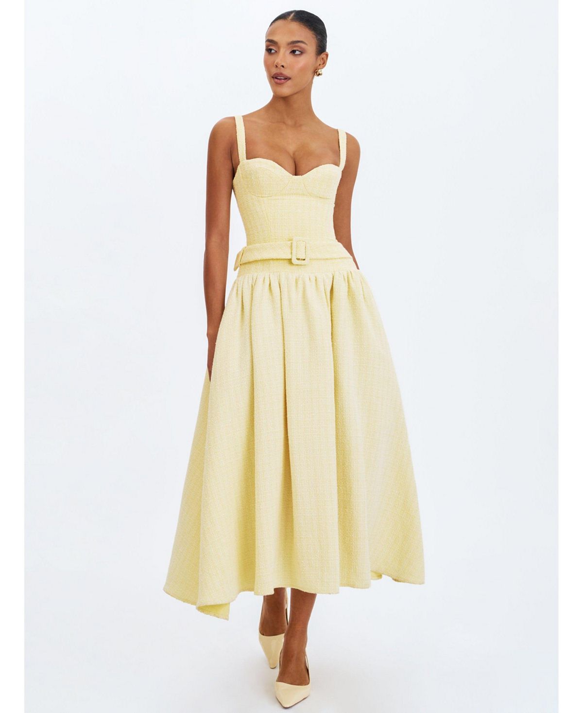 Miss Circle Women's Tiana Butter Yellow Sweetheart Belted Midi Dress view 6 — MAYCSS fashion products
