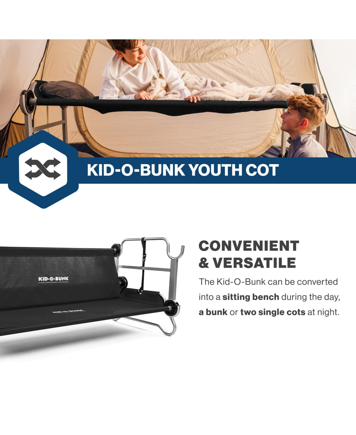 Disc-o-Bed Youth Double Cot Kid-o-Bunk with 200 Pound Capacity and Carry Bag