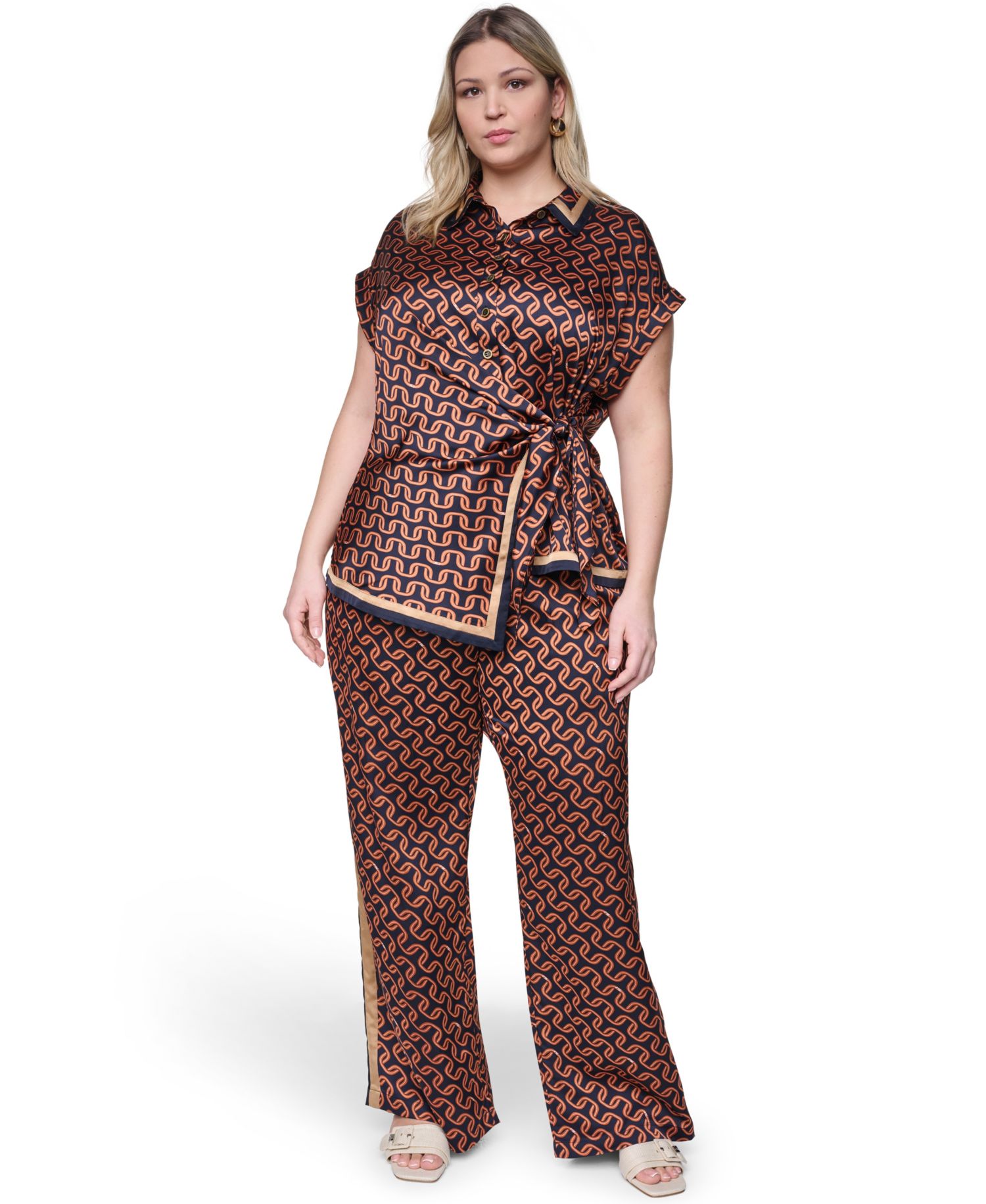 Plus Size Mid-Rise Printed D-Ring Belted Wide-Leg Pants
