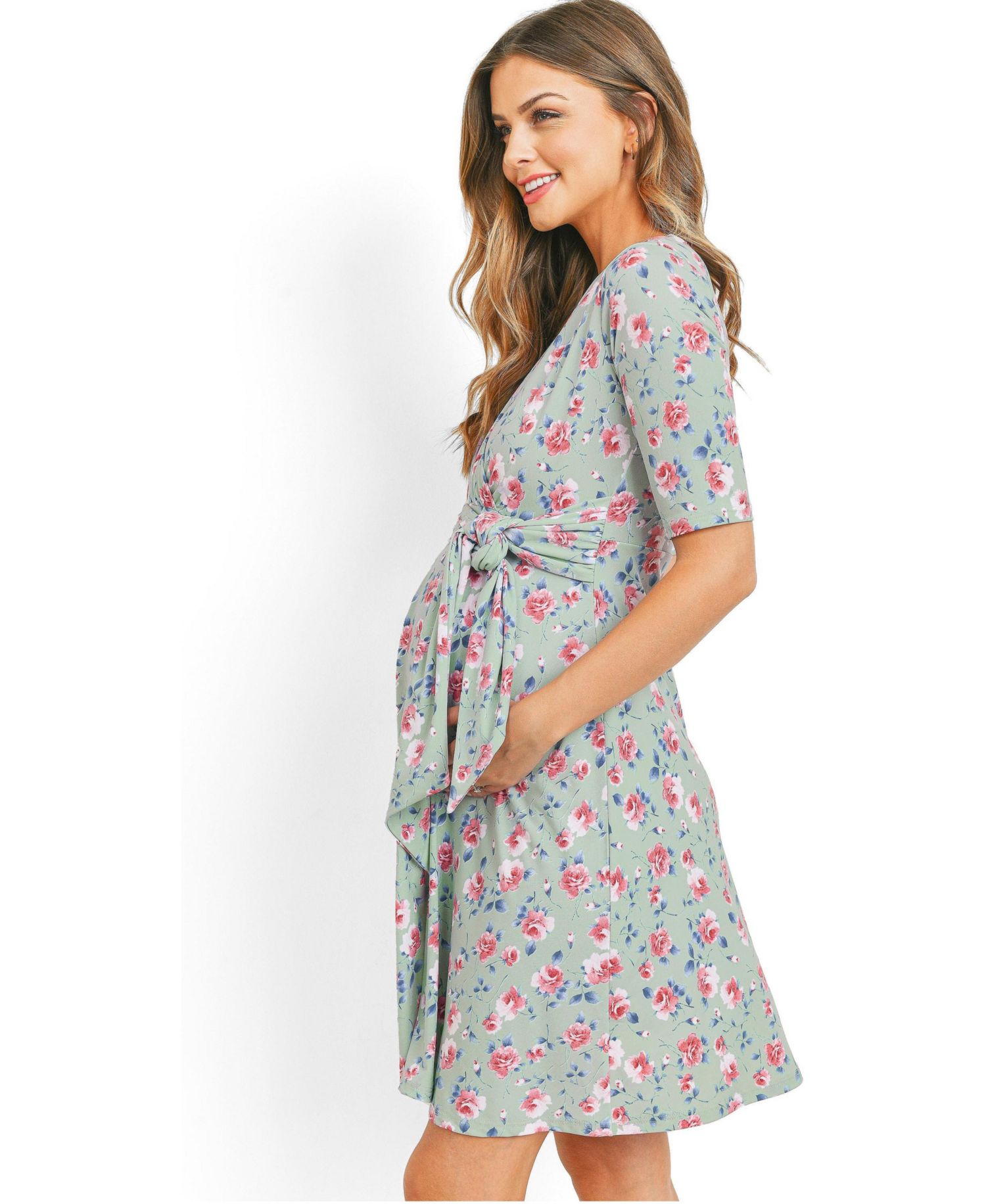 Women's Materntiy Floral V-Neck Nursing Wrap Dress with Tie Waist