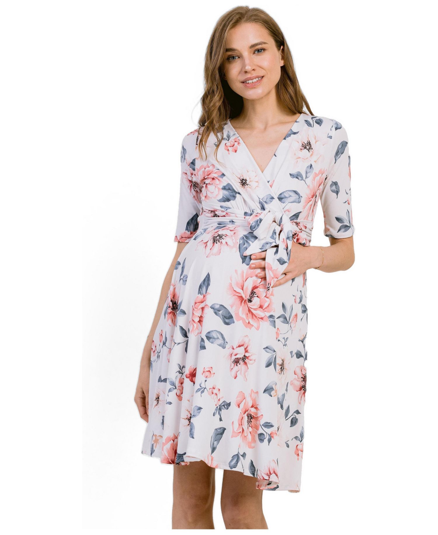 Women's Floral Short Sleeve Nursing Wrap Dress with Tie Waist