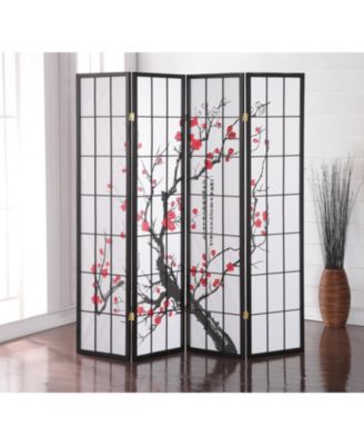 4-Panel Japanese Style Folding Screen Room Divider with Plum Blossom Design for Indoor Space Separation