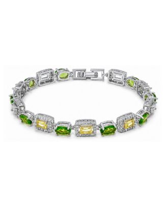 Peridot Oval and Lemon Yellow Baguette Cubic Zirconia Pave Halo Bracelet 