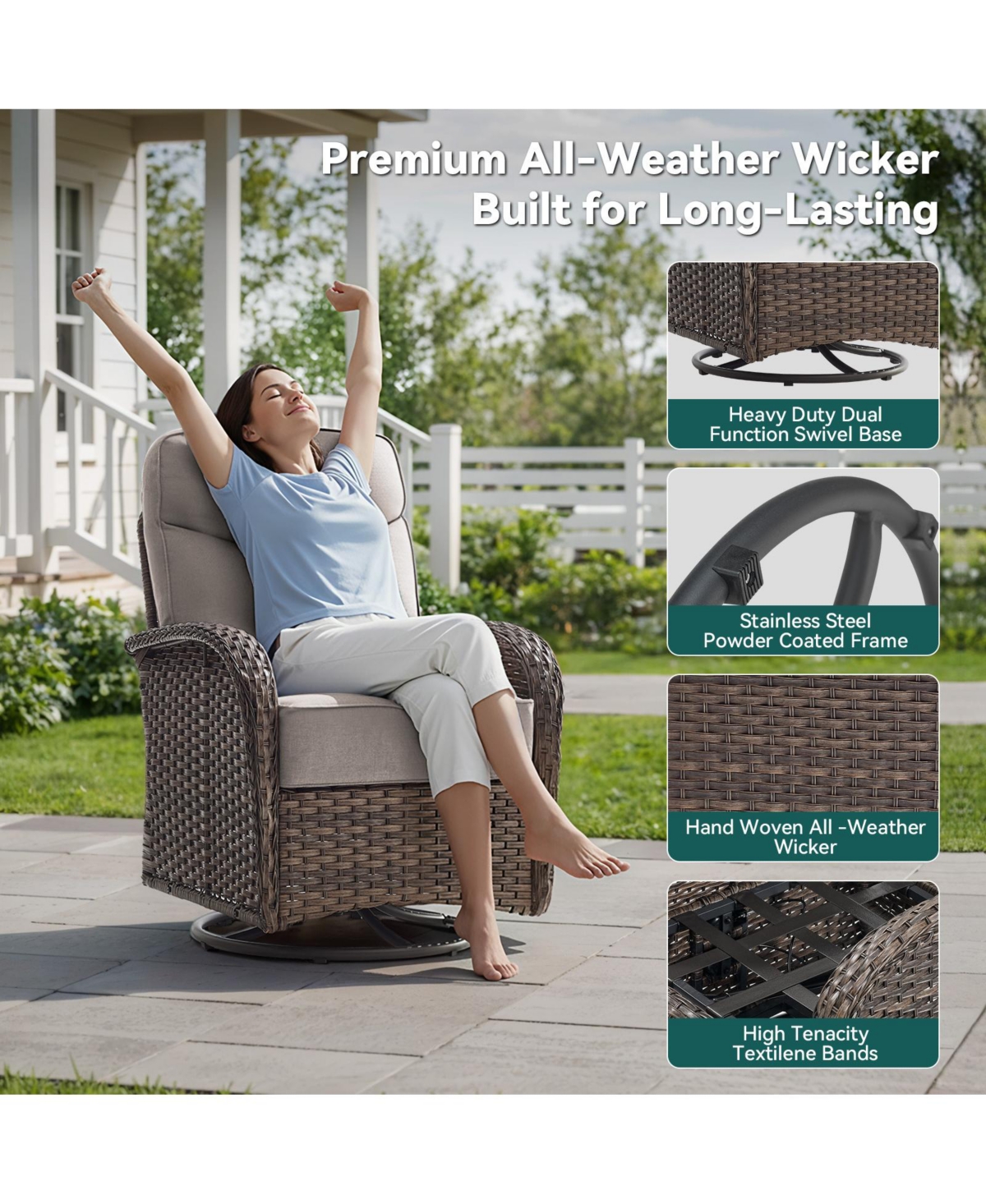 Pocassy Patio Furniture Set with Cushion, Outdoor Couch and High Back Swivel Rocker Chairs, 8PCS Wicker Conversation