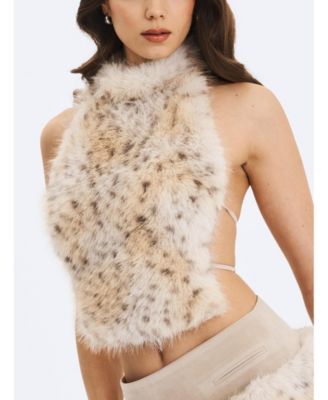 Women's Sasha Tan Cheetah Backless Contoured Fur Halter Top