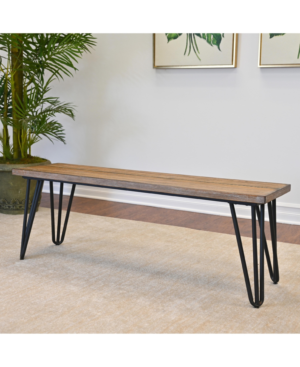 Flynama Aryven Industrial Dining Bench - Rustic Dark Pine Wood Top with Hairpin Metal Legs