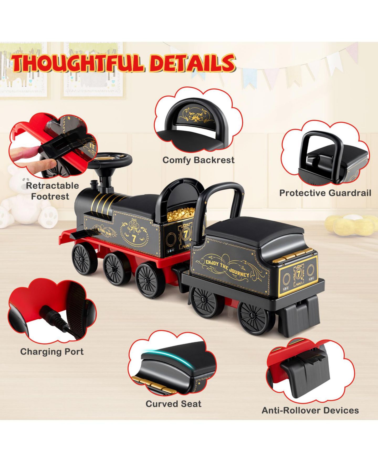Детская игрушка Gymax Ride on Train 6V Battery Powered Ride on Toy with Under-Seat Storage and Carriage, цвет: Чёрный — фото 7