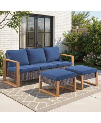 3 Pieces Patio Sofa with Ottomans, All-Weather PE Rattan Wicker Sofa Small Patio Conversation Couch with Cushion