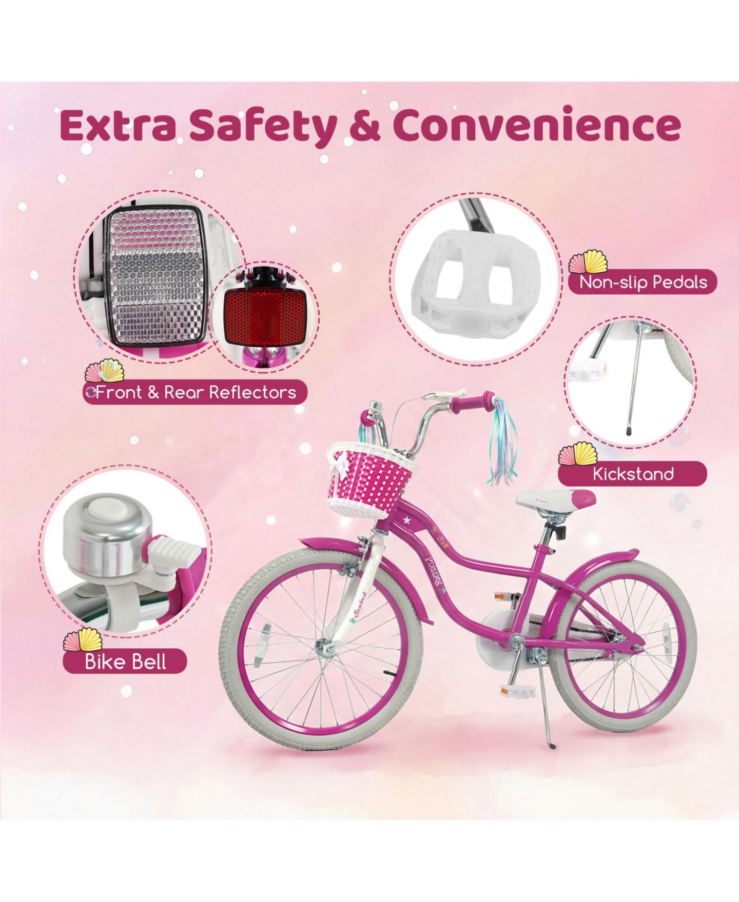 Детская игрушка Gymax 20" Mermaid-Themed Adjustable Coaster-Brake Girls' Bike, 200 lb Capacity, от 8 лет, цвет: Красный — фото 9