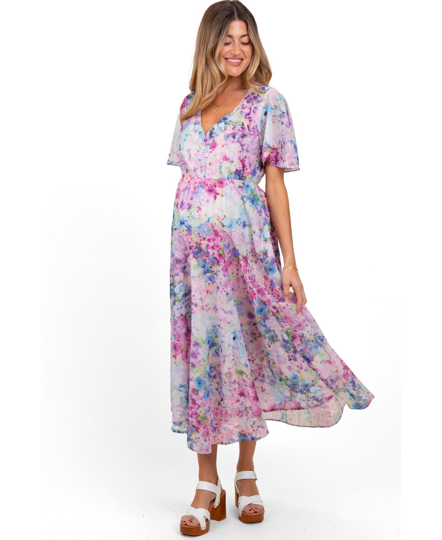 Women's Floral Flutter Sleeve Midi Dress