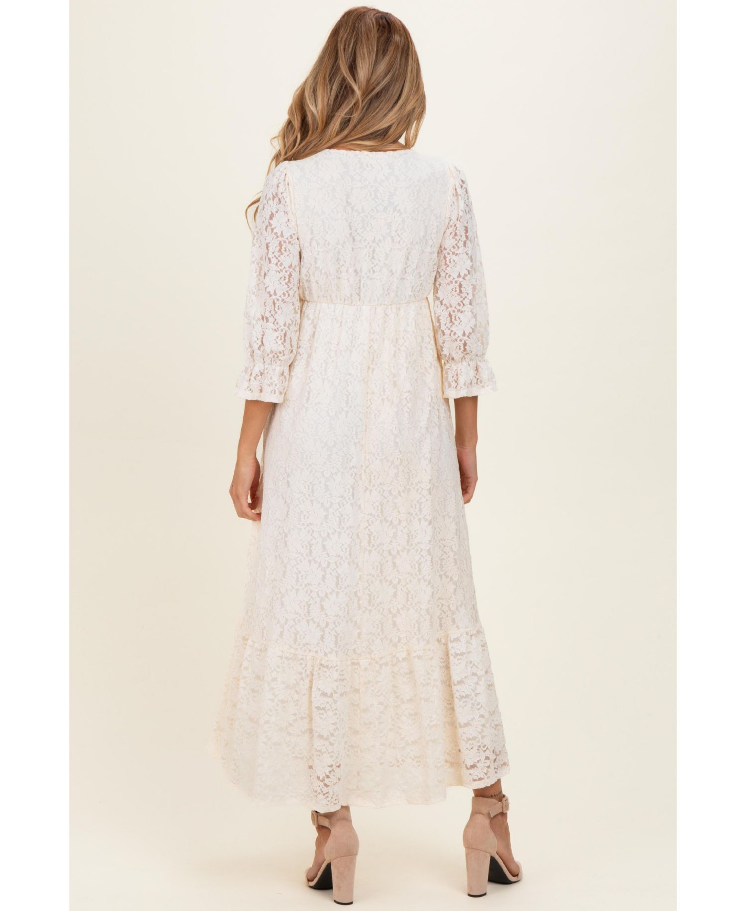 Women's Ivory Floral Lace 3/4 Ruffle Sleeve V-Neck Maxi Dress