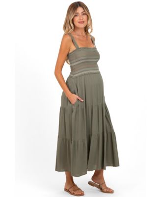 Women's Olive Embroidered Smocked Midi Dress