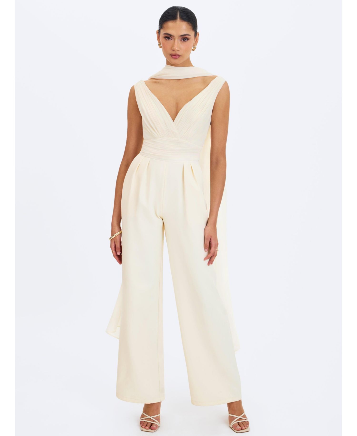 Women's Harper Ivory Ruched V-Neck Jumpsuit with Scarf