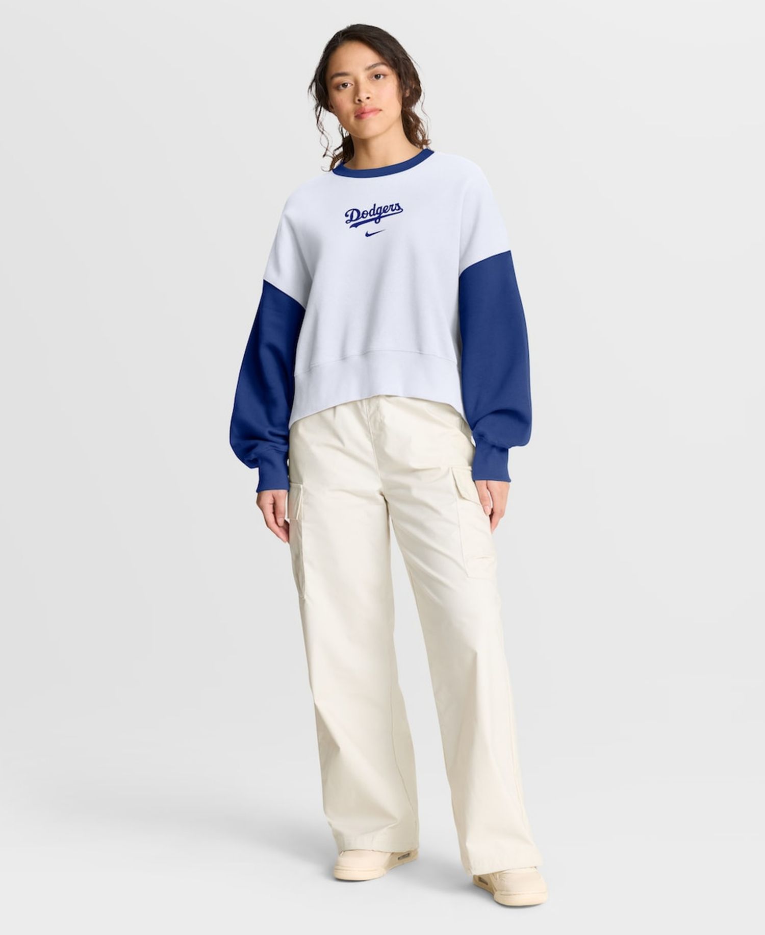 Women's White/Royal Los Angeles Dodgers Oversized High Hip Fleece Sweatshirt