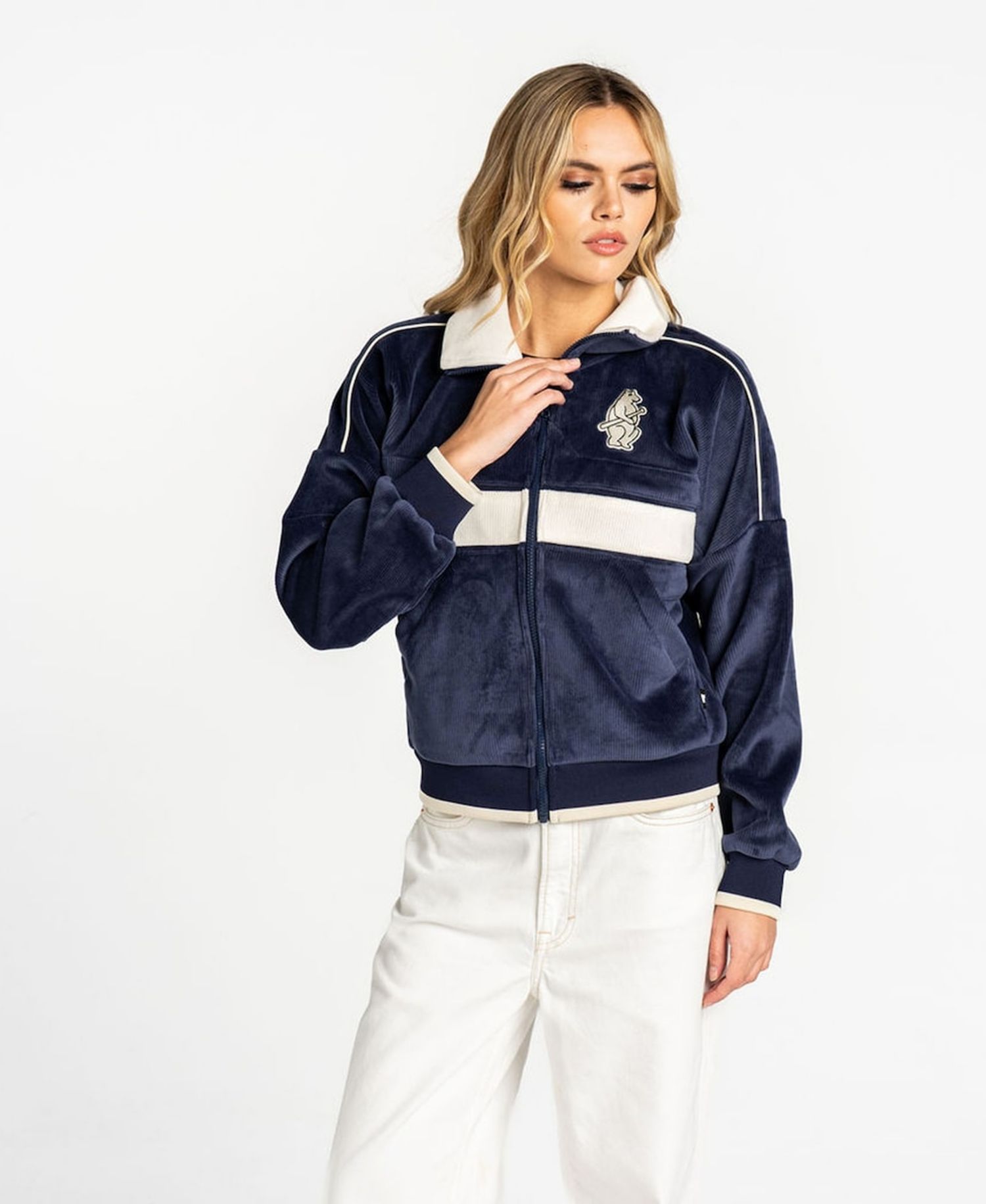 Women's Navy Chicago Cubs Velvet Corduroy Full-Zip Jacket
