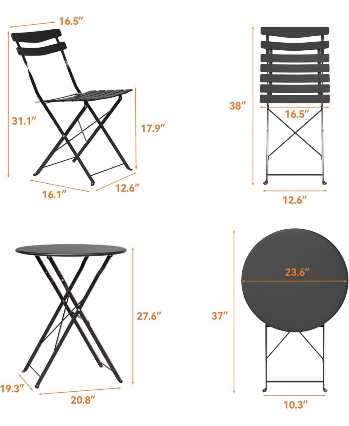 gaomon 3 Piece Folding Patio Bistro Set, Metal Table and 2 Chairs, Outdoor Indoor Furniture for Balcony, Garden, Yard, Porch