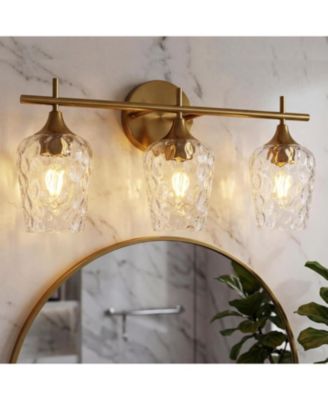 3-Light Bathroom Vanity Light, Brushed Brass Vanity Light Fixtures Over Mirror with Water Ripple Clear Glass Shades