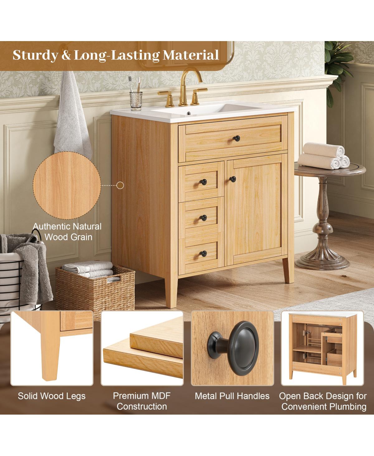 Sillysis 30 Inch Bathroom Vanity with Ceramic Sink, Rustic Wood Grain Cabinet, Soft Close Drawers, Adjustable Storage for Modern Bathrooms