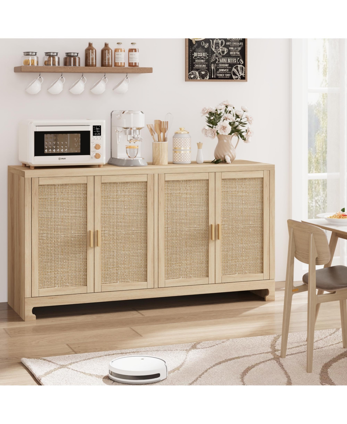 homfan Modern 4-Door Rattan Sideboard, Wooden Accent Buffet Cabinet with Ample Storage for Entryway, Living Room and Dining